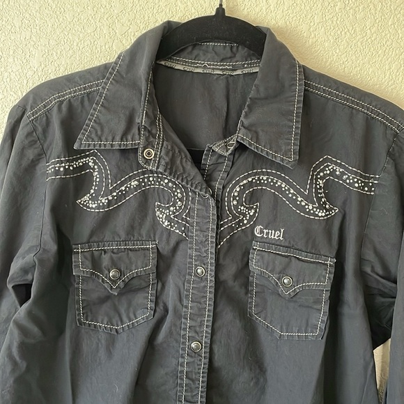 Cruel Western Shirt Pearl Snap Rhinestone Black Button Down Women’s M Goth Top - Picture 5 of 12
